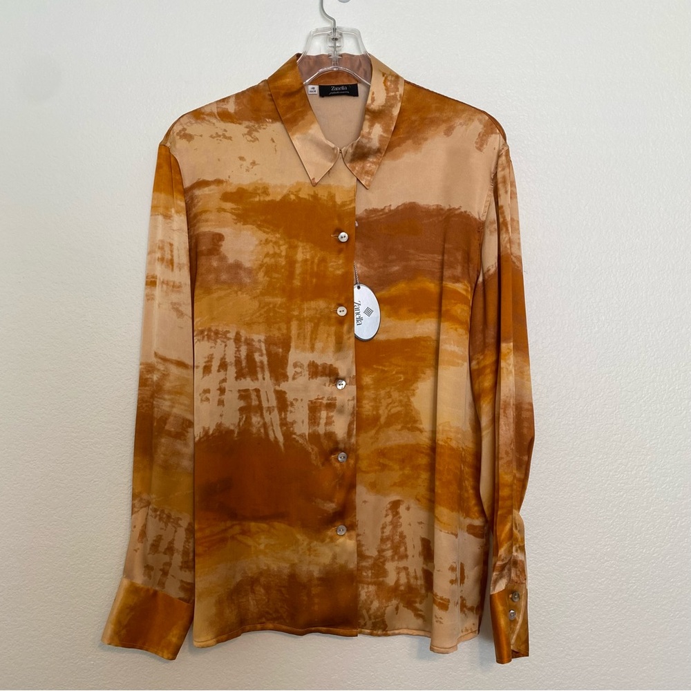 Zanella Platinum Silk Abstract Watercolor Wide Cuff Blouse Size 14 NWT